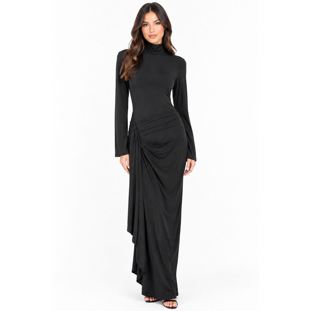 Lulus Black Mock Neck Long Sleeve Draped Floor Length Maxi Dress Size S
